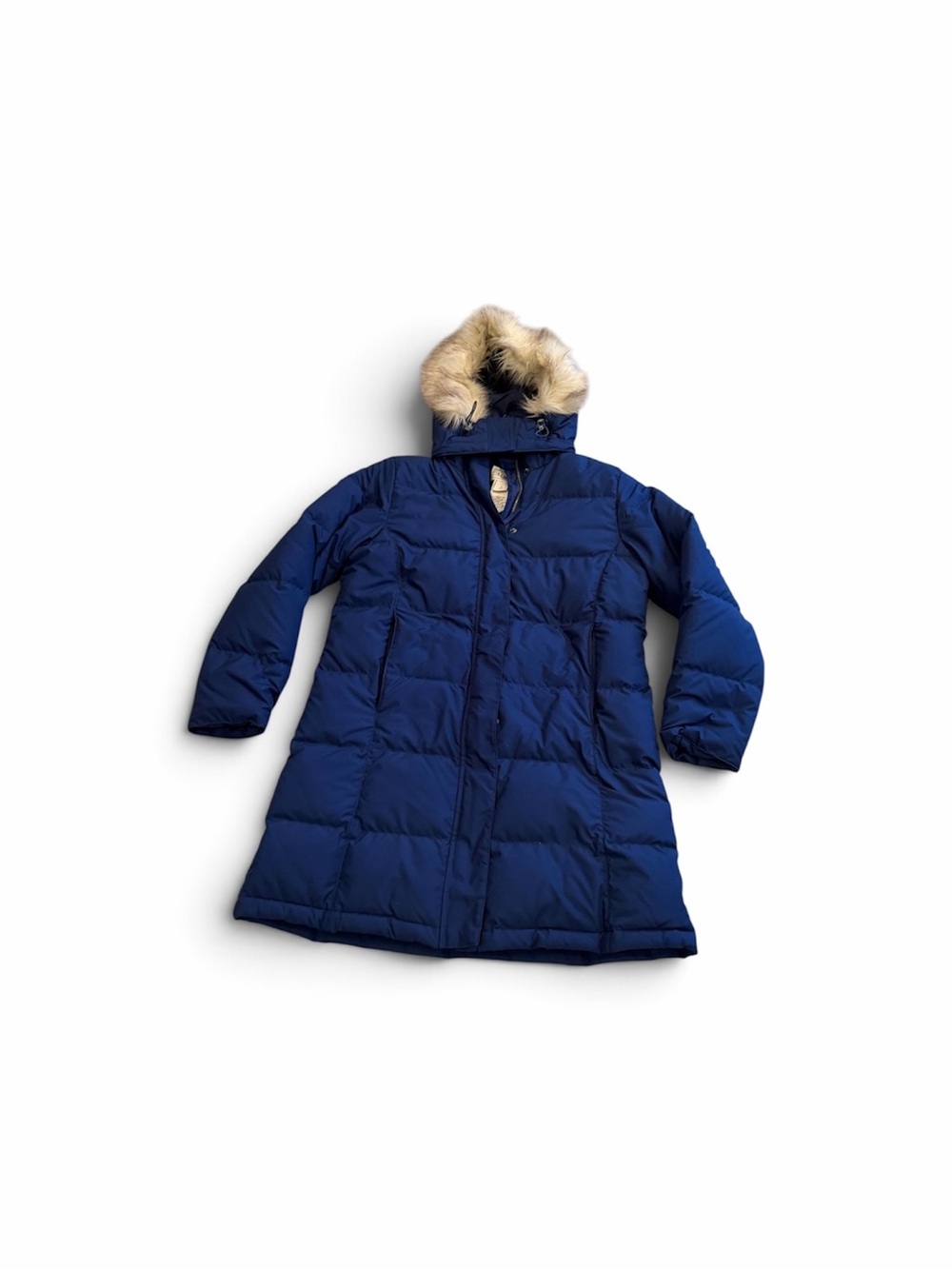 L.L. Bean Women’s Petite Royal Blue Puffer Coat with Faux Fur Trim. Size SP